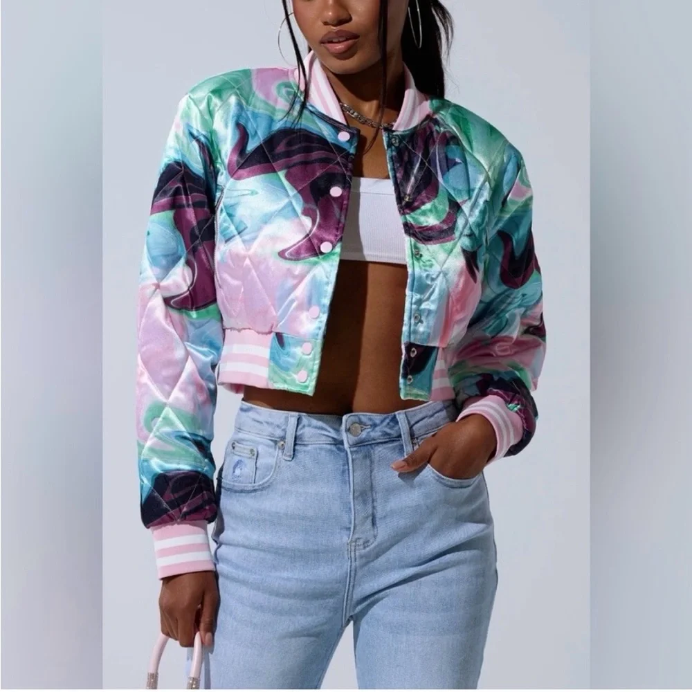 AKIRA Multicolor Satin Bomber Jacket - Picture 2 of 5